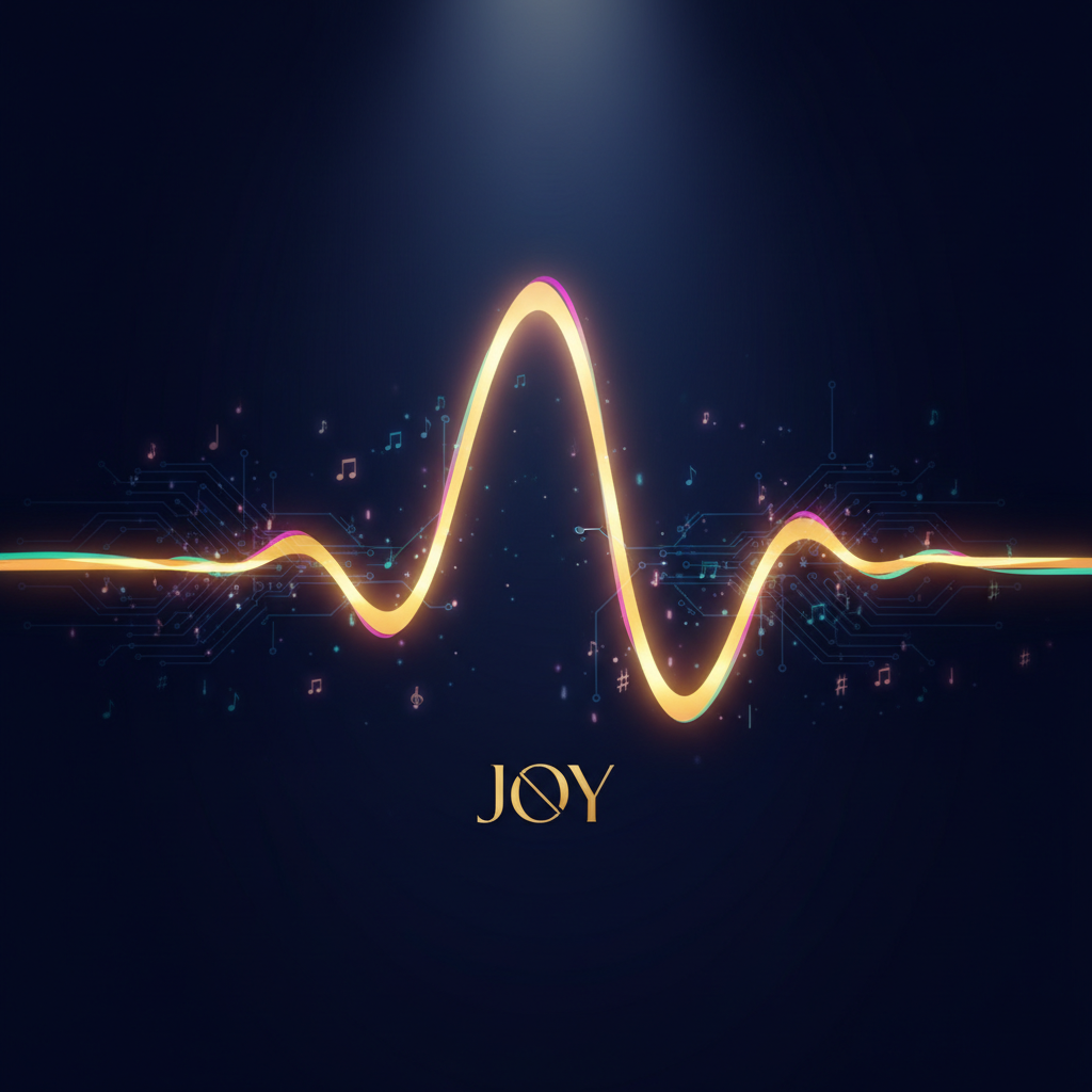 An abstract, photorealistic representation of a flagship song titled “Joy,” visualized as a radiant golden soundwave flowing across a deep navy background. The wave glows warmly, with subtle prismatic colors shimmering along its edges, while faint AI circuit patterns and tiny musical symbols pulse softly in the darkness behind it. Gentle spotlight-style lighting highlights the brightest crest of the waveform, creating a sense of emotional crescendo. Shot as a clean, centered composition with a wide aspect ratio, the image feels luxurious, emotive, and sophisticated, capturing the feeling of uplifting music guided by human intention and crafted through AI.