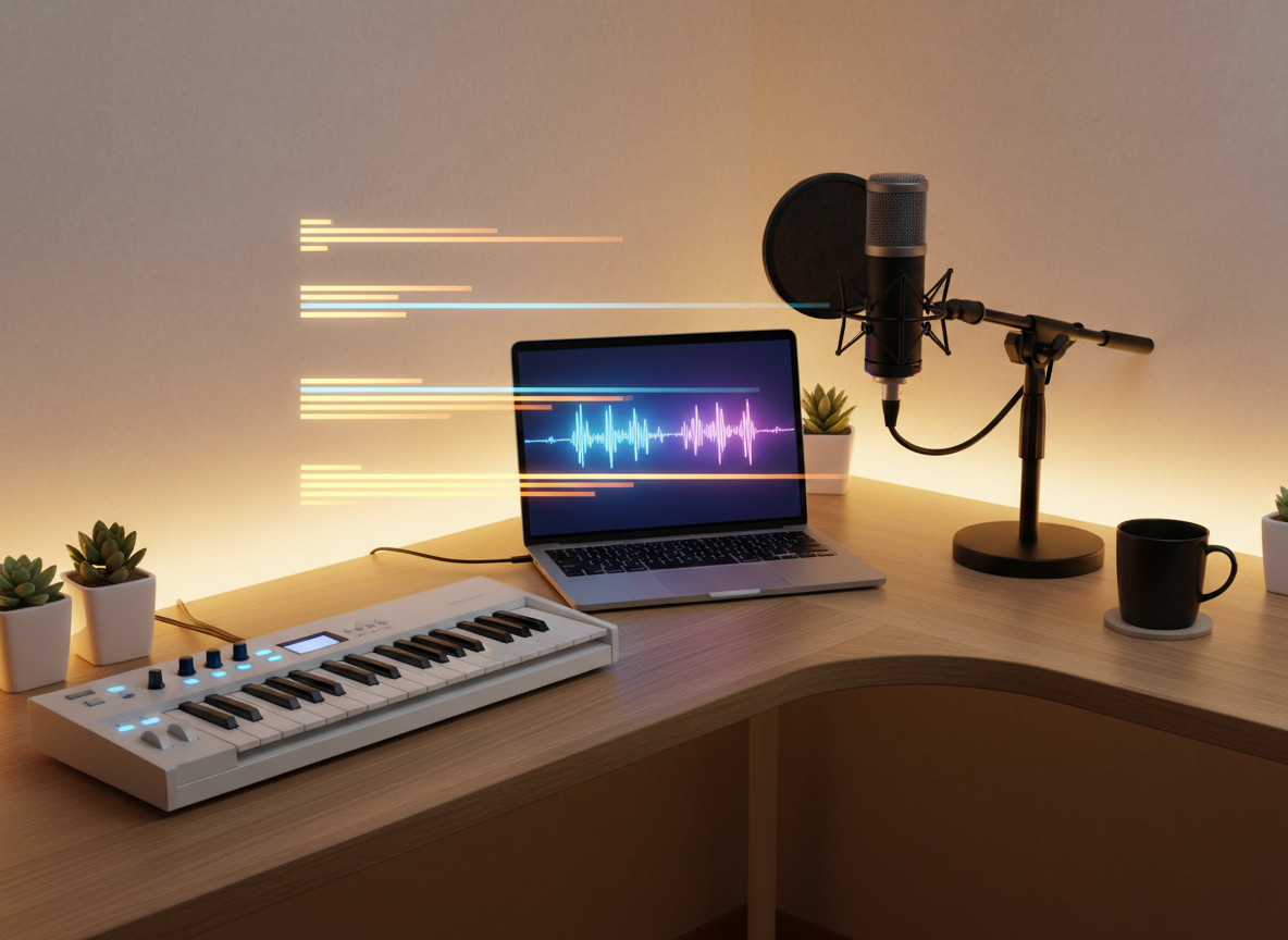 A stylish, minimalistic home studio corner designed for an AI-driven songwriter, featuring a slender keyboard synthesizer, a laptop with an elegant abstract waveform on its screen, and a classic condenser microphone on a matte-black stand. Everything sits atop a pale oak desk with smooth, refined textures, backed by a softly illuminated wall where floating holographic lyric lines appear as glowing bars instead of readable text. Warm, diffused ambient lighting mixes with a cool blue accent from the laptop, creating a balanced, contemplative mood. Photographed from a slightly elevated angle with careful rule-of-thirds framing, the scene feels intimate, modern, and polished, perfectly suited to a sophisticated music portfolio site.