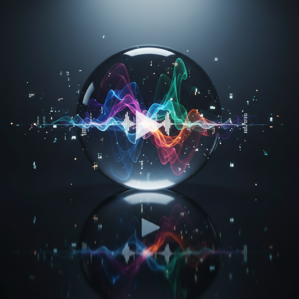 An atmospheric scene of a large, transparent glass sphere resting on a reflective black surface, its interior filled with swirling, multicolored soundwaves and delicate, glowing data streams intertwining like ribbons. Tiny, abstract symbols hinting at song titles, intent, and lyrics hover around the sphere as faint, luminous shapes rather than text. A subtle YouTube-style play icon is suggested through light and shadow on the surface behind it without using logos. Cool, directional lighting from above casts elegant reflections and soft shadows, giving the image a cinematic, futuristic feel. Shot in close-up with shallow depth of field, the composition emphasizes the fusion of emotional music and AI intelligence in a refined, photographic style.